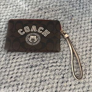 Coach Dark Brown Monogram Varsity Wristlet Pouch with Cream Trim